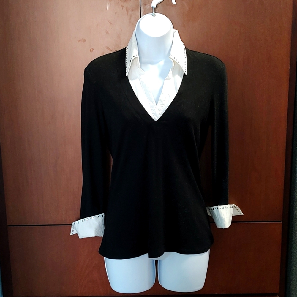 CASHE BLACK AND WHITE MEDIUM WOMEN'S TOP WITH METAL STUDS